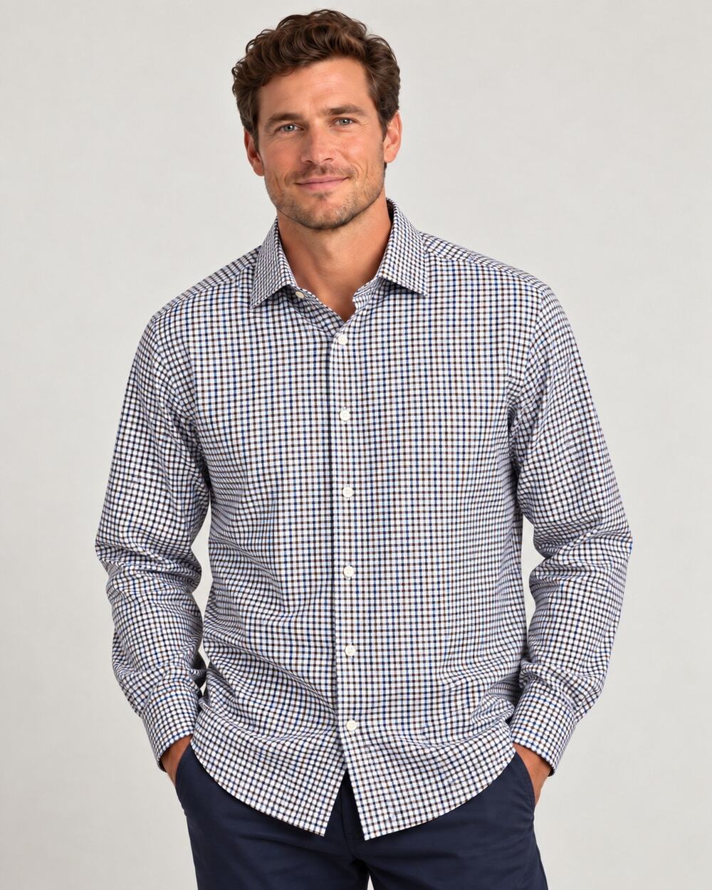 PETER MILLAR Men’s XL Button Down Shirt Blue Brown Check 100% Cotton #143
